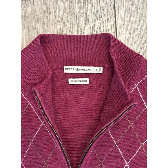 Peter Millar Sweater Mens L Red Argyle 1/4 Zip Pullover Merino Wool Preppy Golf - Picture 3 of 6